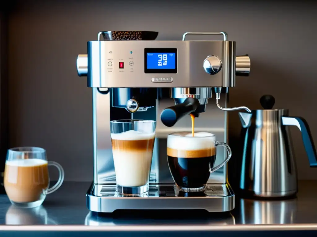 Una cafetera automática de diseño futurista exhibe la tecnología de extracción mientras un barista experto crea arte latte