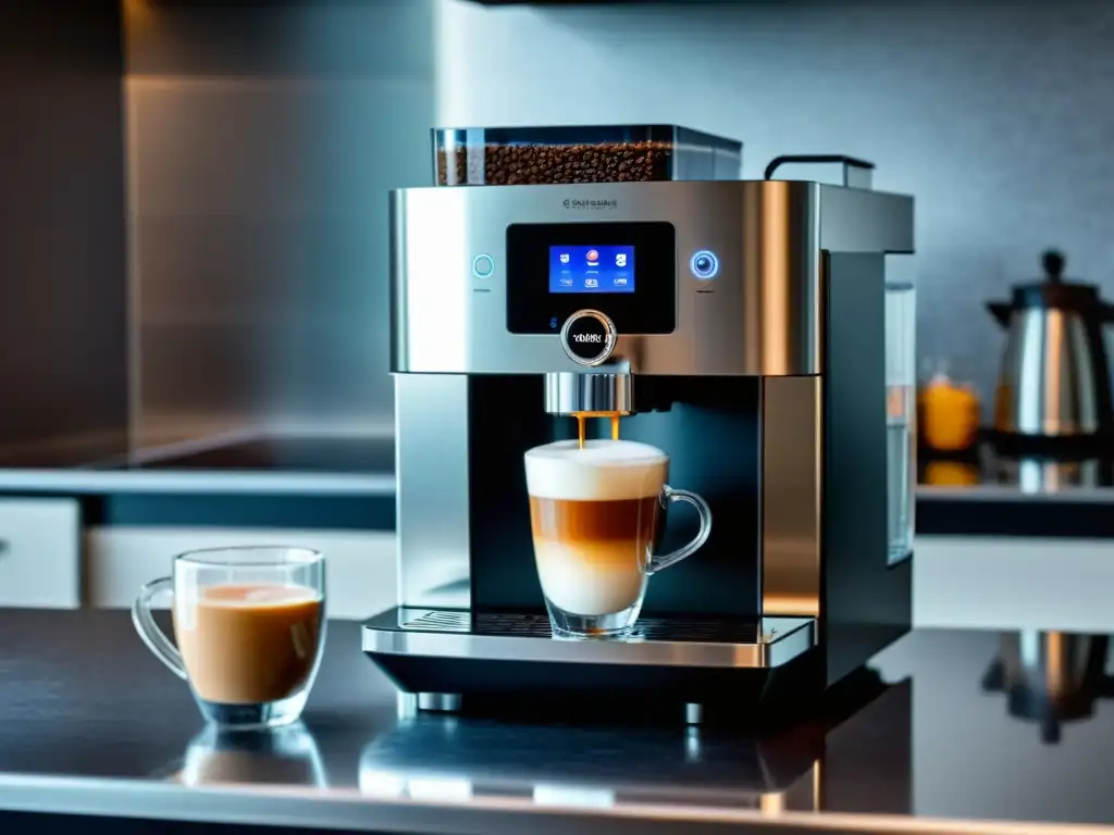 Una cafetera automática moderna con diseño metálico elegante, LED, controles táctiles y vaporizador de leche