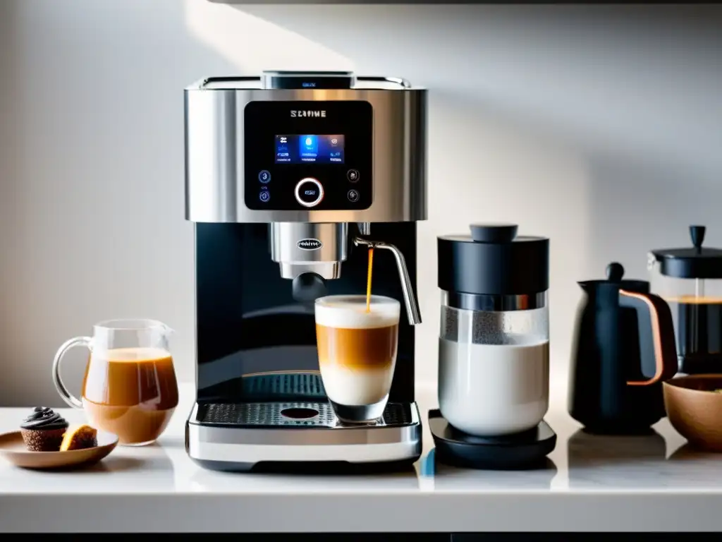 Una cafetera automática moderna y elegante en una encimera blanca, con una taza humeante de café al lado