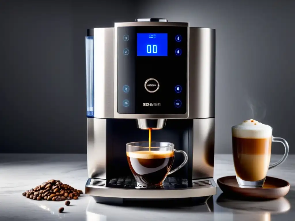 Una cafetera automática moderna en un entorno acogedor, rodeada de granos de café recién molidos y una taza de espresso humeante