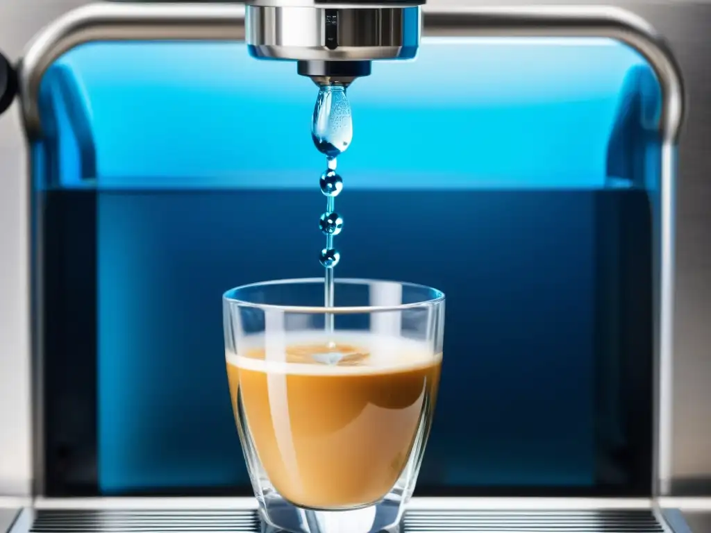 Descalcificación de cafetera espresso con solución azul llenando el tanque, evocando limpieza y mantenimiento de alta calidad