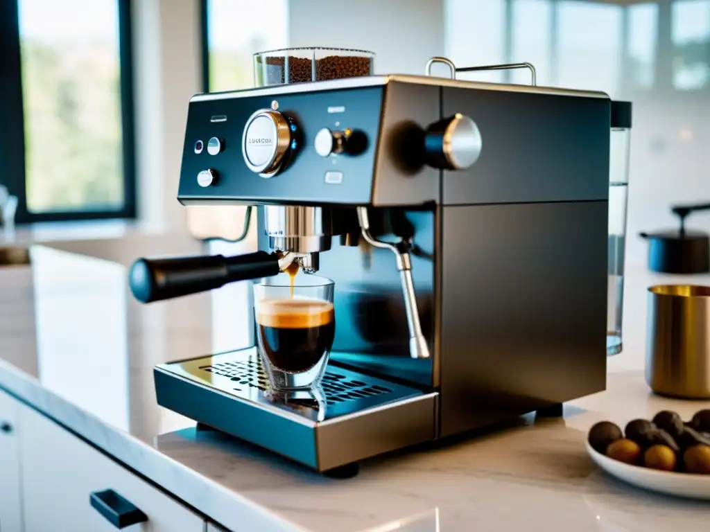 Una cafetera express moderna y elegante en una cocina iluminada, junto a una taza de espresso humeante