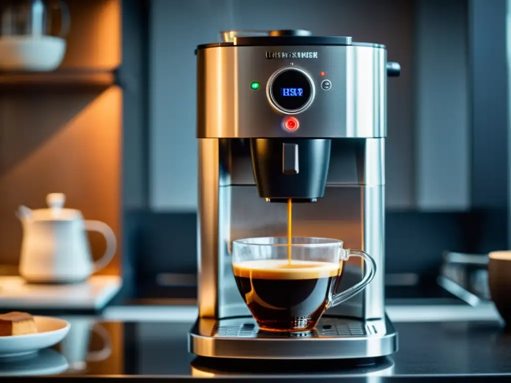 Una cafetera con filtros avanzados capturada en alta resolución, con una estética minimalista y tecnología de vanguardia en una cocina contemporánea