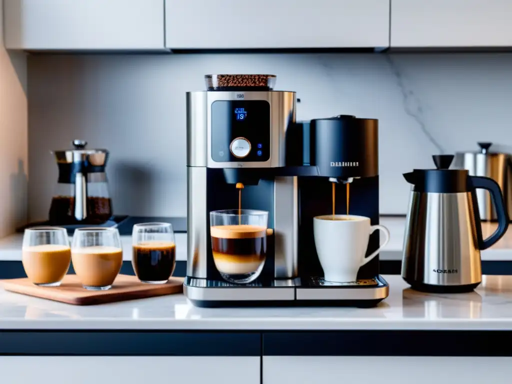 Una cafetera inteligente de diseño moderno en una cocina blanca impecable