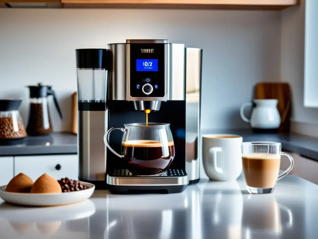 Una cafetera inteligente para el hogar en una cocina moderna y elegante, con granos de café, jarra de leche y tazas de café