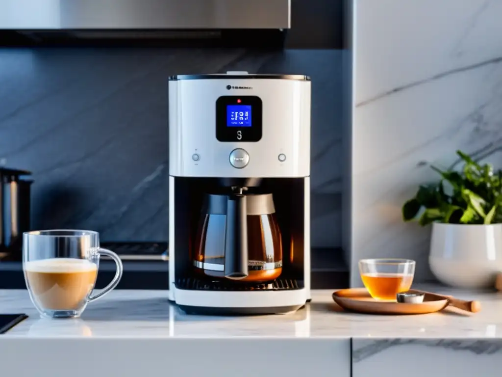 Una cafetera moderna vierte café en una taza blanca en una cocina brillante