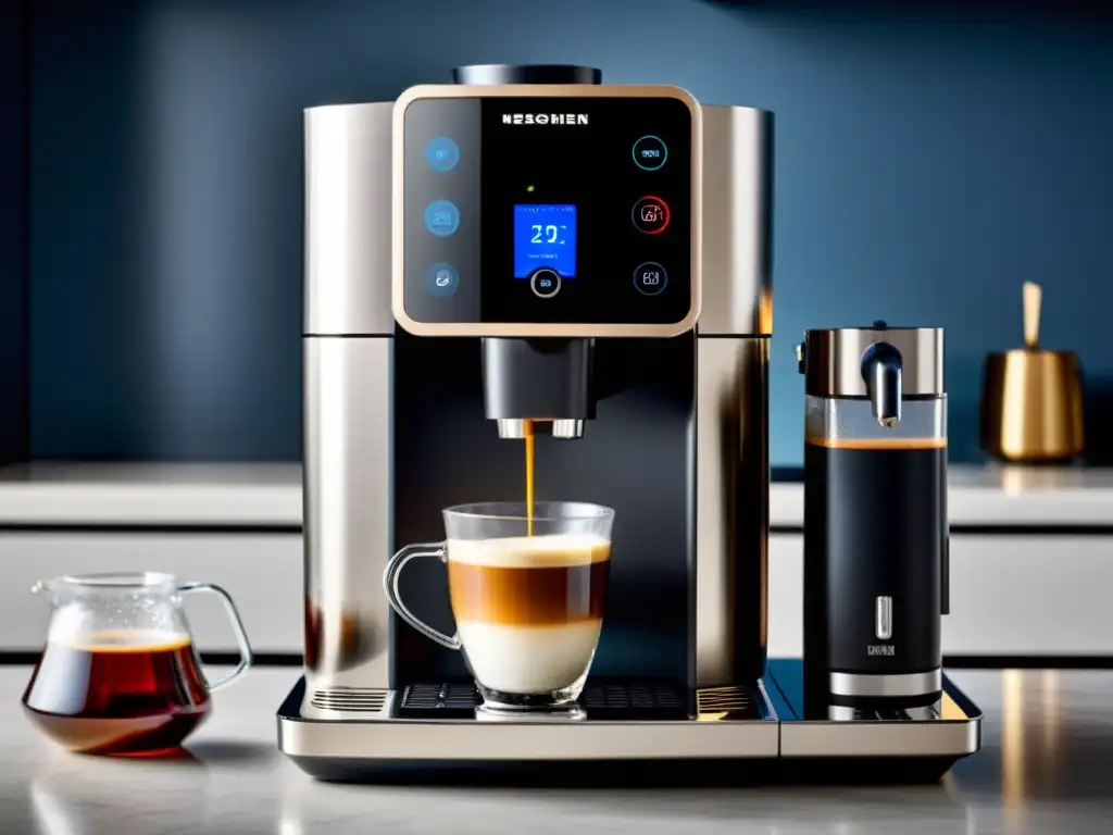 Una cafetera moderna con pantalla táctil WiFi, en una cocina minimalista