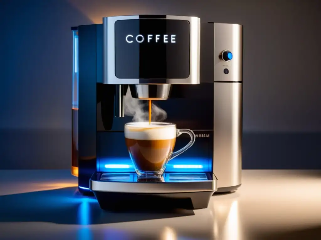 Una cafetera moderna con tecnología avanzada y un diseño elegante, mostrando inteligencia artificial