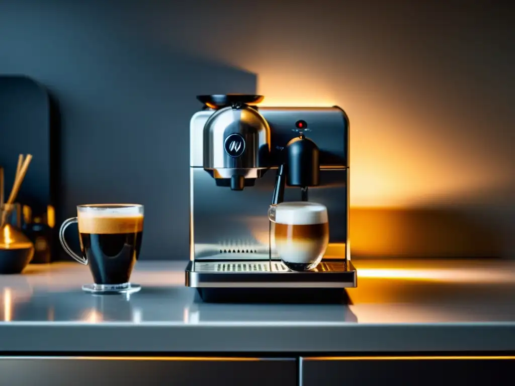 Una cafetera Nespresso plateada brilla en una cocina moderna