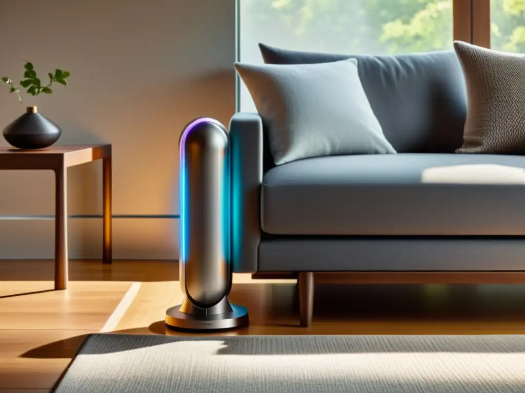 Un Calefactor Dyson Hot+Cool de diseño elegante en una acogedora sala contemporánea