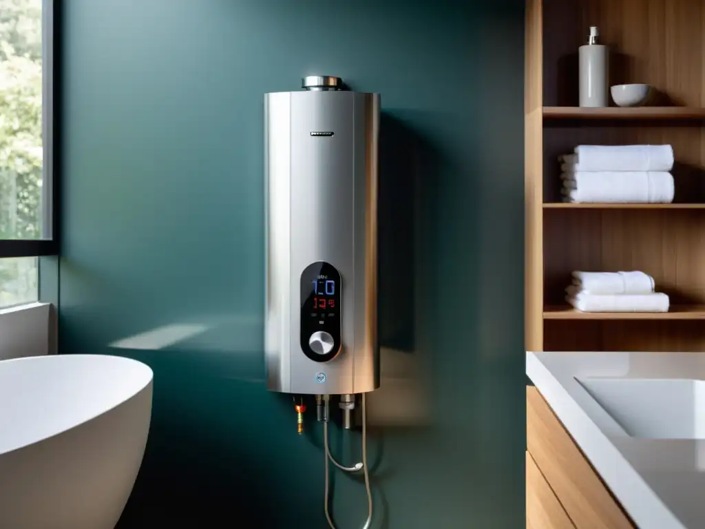 Un calentador de agua sin tanque instalado en un baño contemporáneo, con pantalla digital y diseño moderno