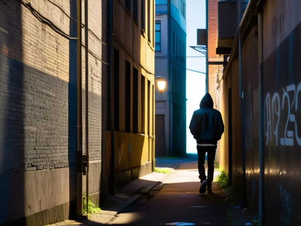 Un callejón oscuro con un solitario farol que proyecta largas sombras, evocando misterio y peligro