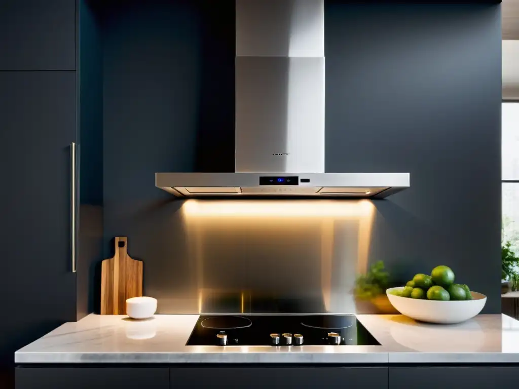 Una campana de cocina de acero inoxidable moderna e elegante con iluminación LED integrada, suspendida sobre un lujoso y sofisticado espacio culinario