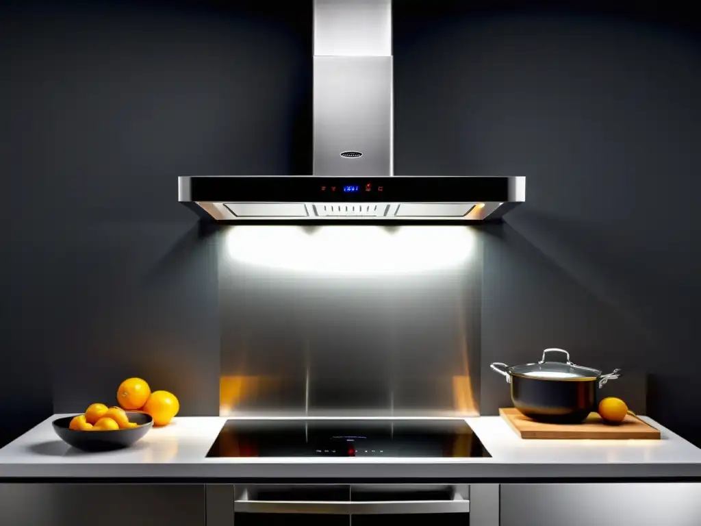 Campana de cocina futurista con pantalla táctil y luces LED, añade sofisticación y tecnología a la cocina