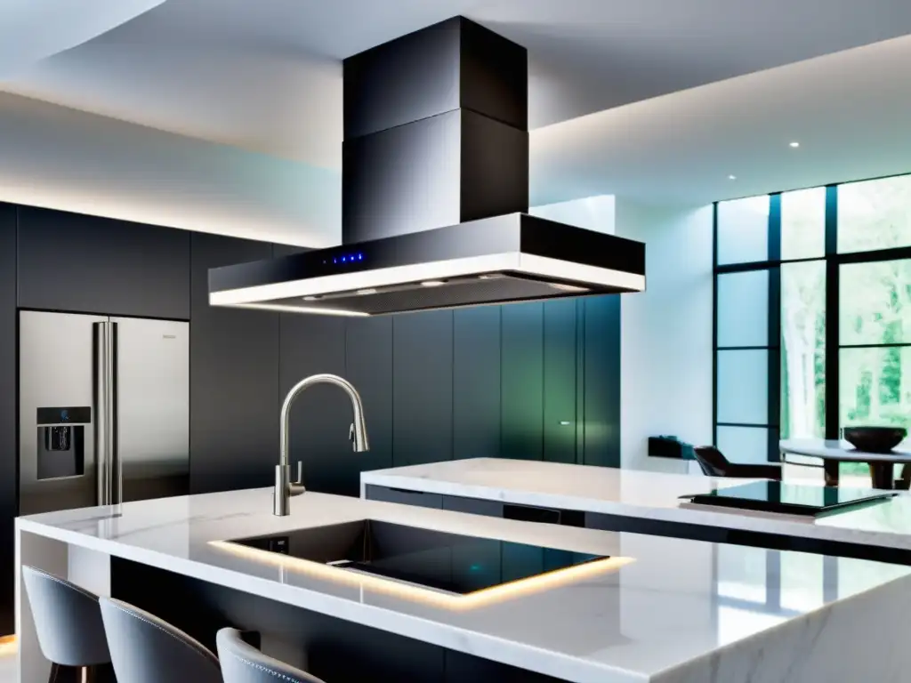 Una campana extractora potente y silenciosa, de acero inoxidable negro, iluminando una cocina contemporánea con elegancia y estilo