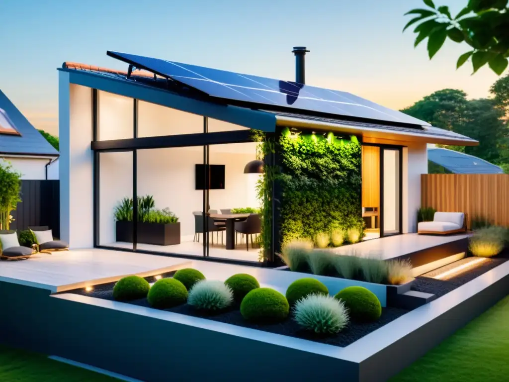 Una casa inteligente moderna y eficiente con paneles solares, jardín vertical y electrodomésticos inteligentes