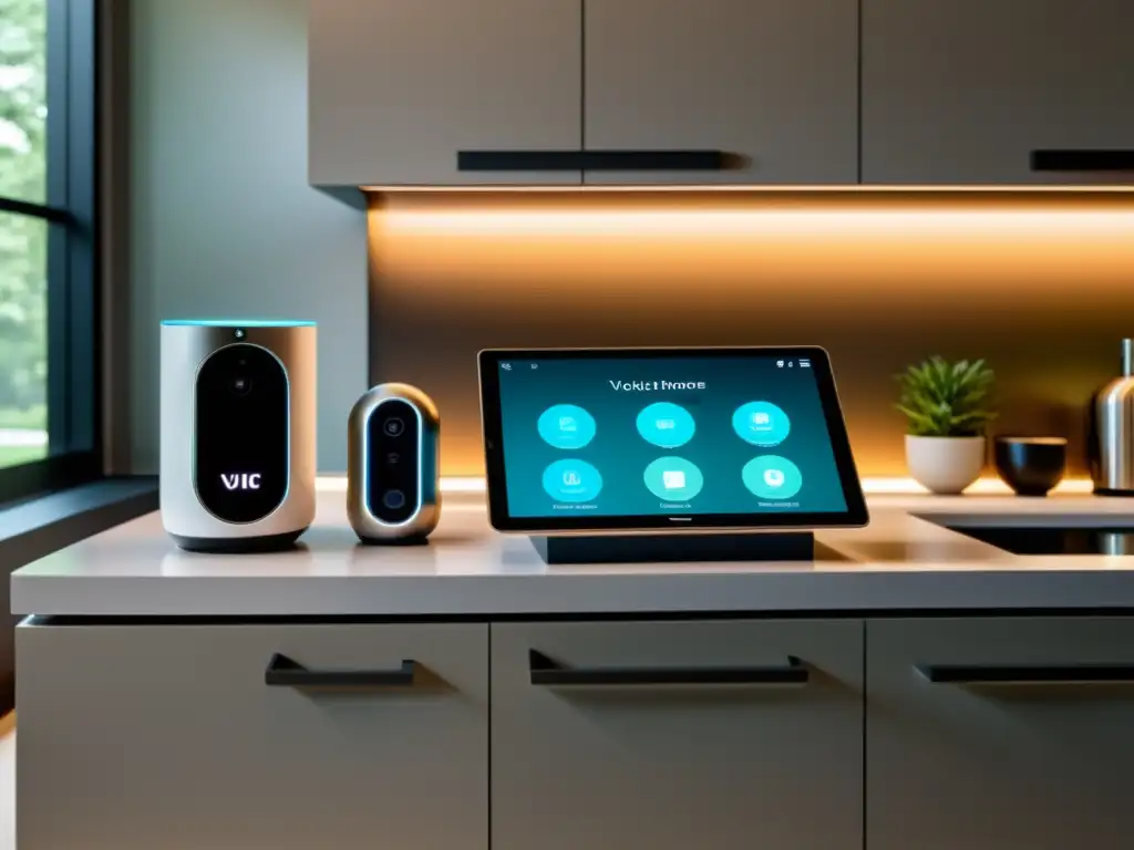 Una casa inteligente moderna con tecnología de control remoto y adaptada para personas con discapacidad, en tonos neutros y colores vibrantes