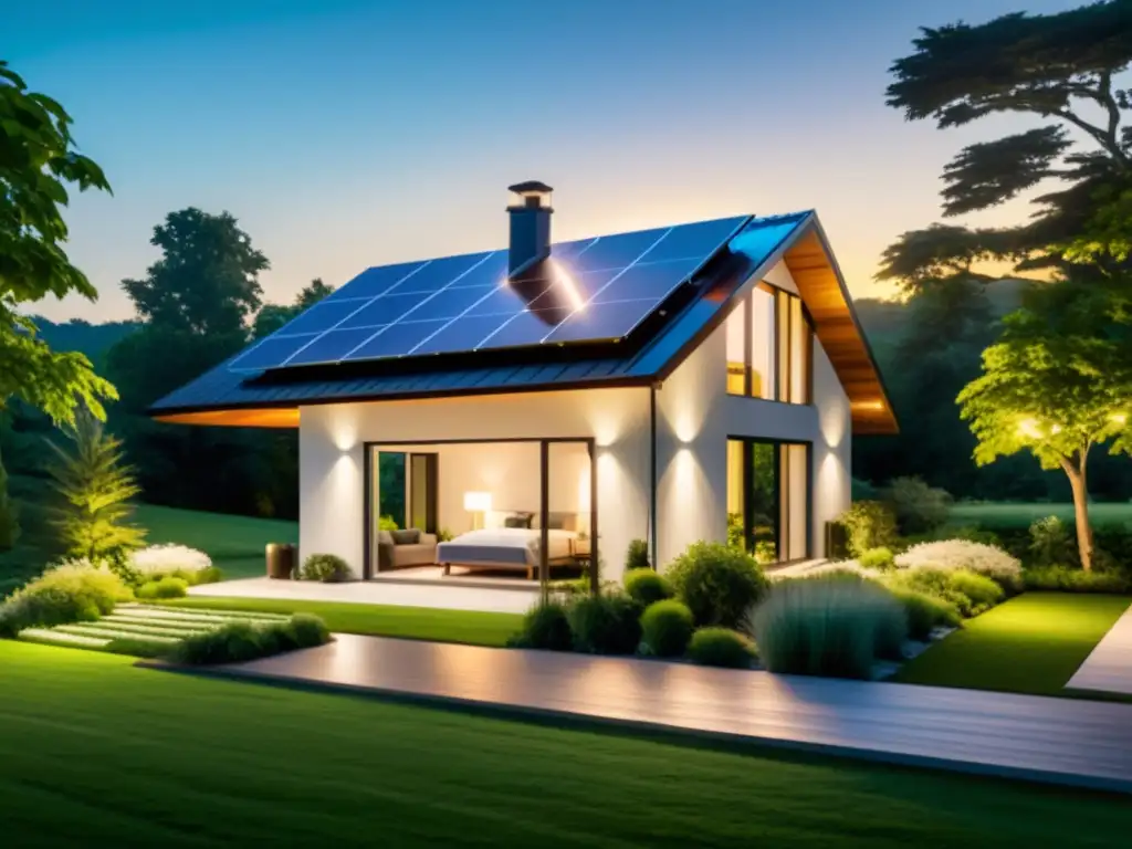 Una casa moderna y eficiente energéticamente, con paneles solares, iluminación LED y electrodomésticos eficientes