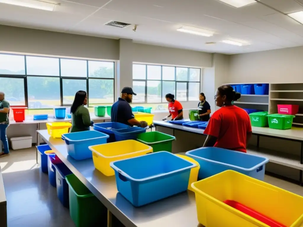 Un centro comunitario vibrante y bullicioso donde voluntarios diversos clasifican y reciclan electrodomésticos