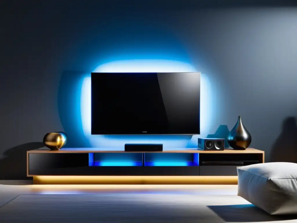 Un centro de entretenimiento moderno y elegante, con sistema de sonido personalizable, pantalla de TV de alta definición y luces LED ajustables