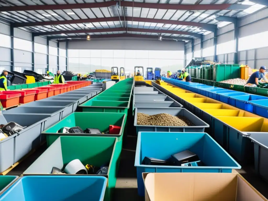 Un centro de reciclaje bullicioso, con trabajadores clasificando electrodomésticos para reutilizarlos