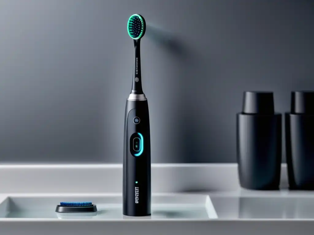 Un cepillo de dientes eléctrico moderno y elegante con pantalla y luz indirecta, en un entorno de baño contemporáneo