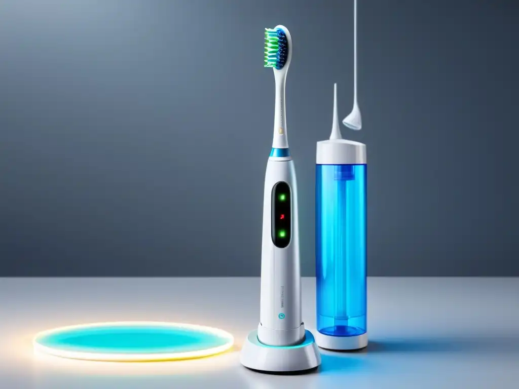 Un cepillo de dientes eléctrico moderno y elegante con una sonrisa vibrante y radiante de fondo