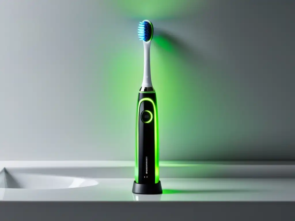 Un cepillo de dientes eléctrico moderno y elegante con cerdas vibrantes, en un baño blanco