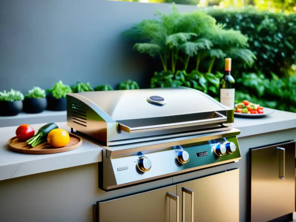 Un chef prepara deliciosos platillos en una moderna barbacoa eléctrica, rodeado de lujo y naturaleza