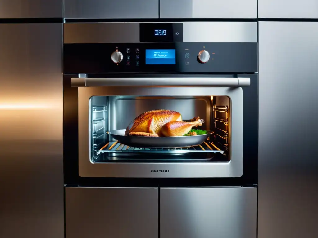 Un chef ajusta el horno inteligente con pantalla táctil en una cocina moderna, iluminada suavemente