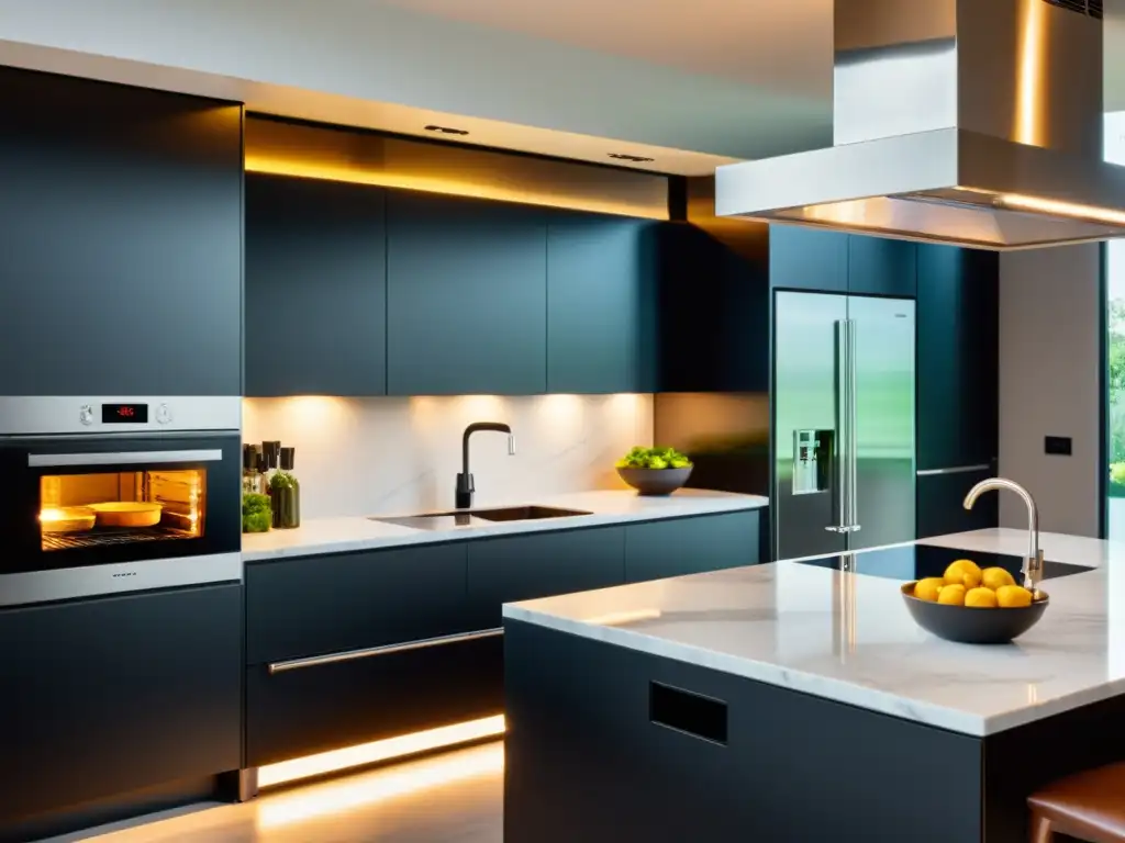 Cocina moderna con horno negro pyrolytic brillante y chef profesional Un chef profesional utilizando los beneficios de los hornos pirolíticos en una cocina moderna y elegante