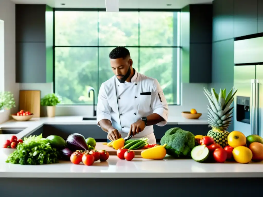 Un chef profesional prepara una comida saludable en una cocina moderna y luminosa con frutas y verduras frescas