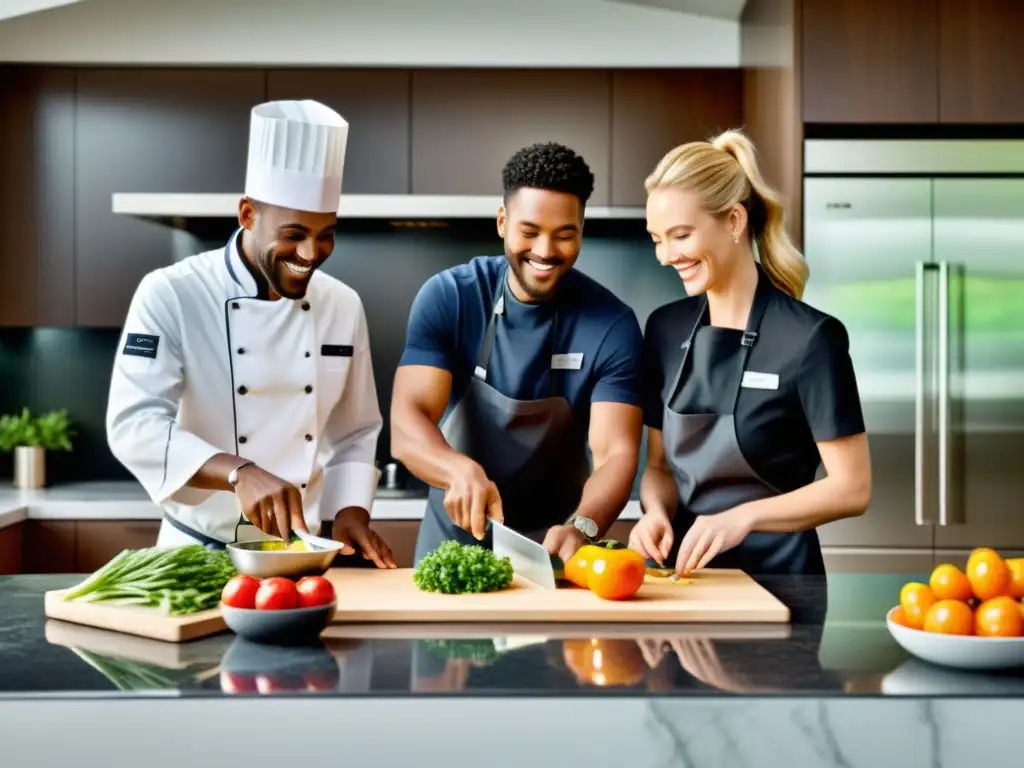 Un chef profesional corta vegetales en una cocina moderna con asistente AI