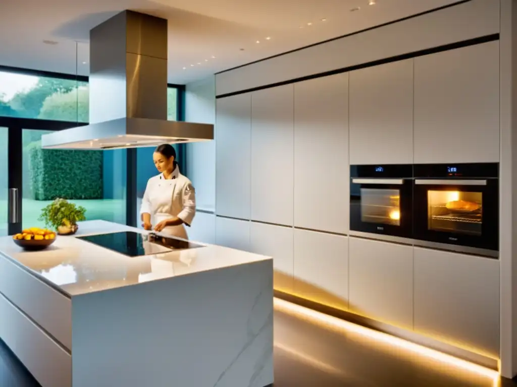 Chef profesional junto a horno pirolítico de última generación Un chef profesional supervisa un horno pirolítico de vanguardia en una elegante cocina de diseño moderno