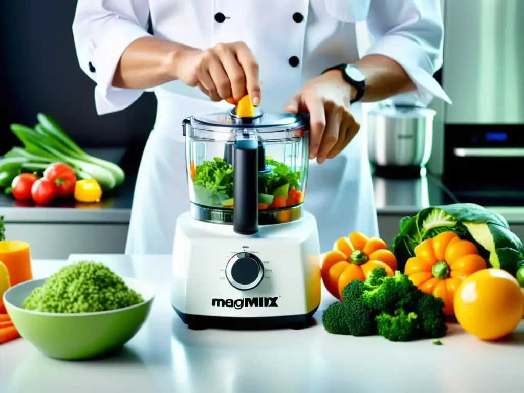 Un chef profesional corta expertamente verduras frescas con un procesador de alimentos Magimix en una cocina minimalista