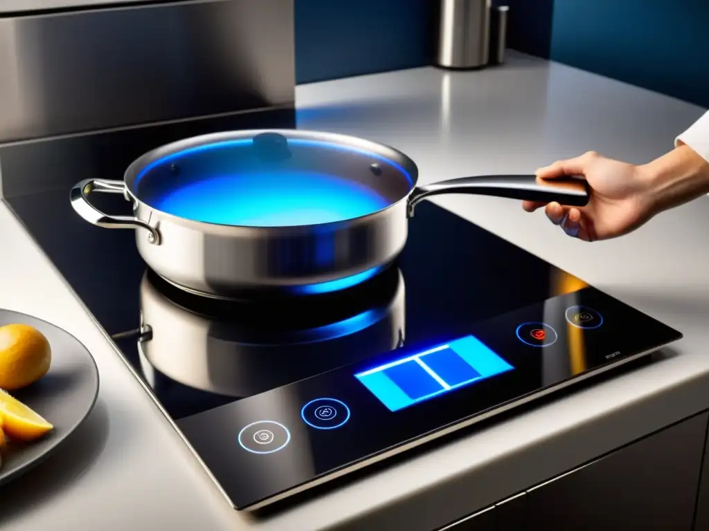 Un chef ajusta la temperatura en una moderna placa de inducción, con luces LED azules