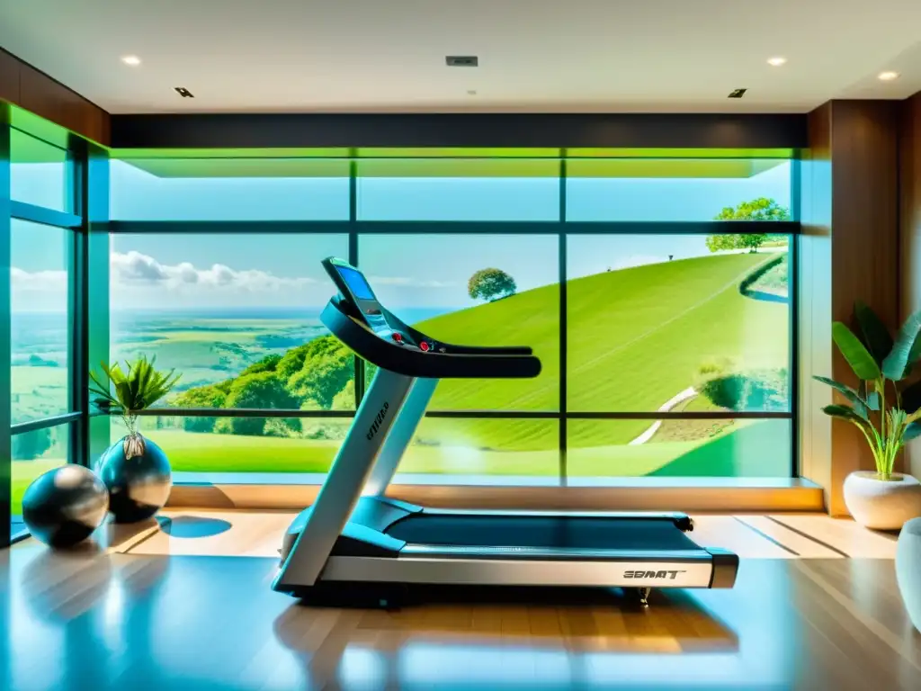 Una cinta de correr inteligente en un gimnasio casero luminoso con ventanas panorámicas ofrece beneficios cinta correr inteligente casa y motivación para entrenar