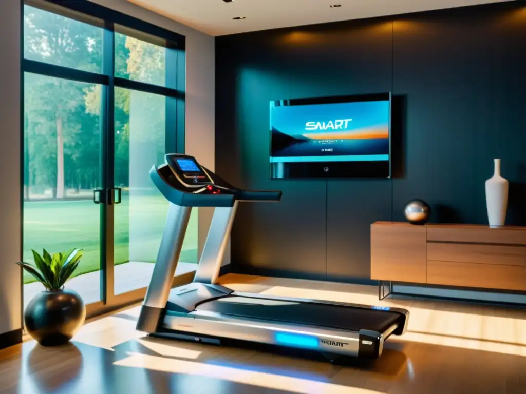 Una cinta de correr inteligente en un lujoso gimnasio en casa, fusionando tecnología y fitness para ofrecer beneficios únicos