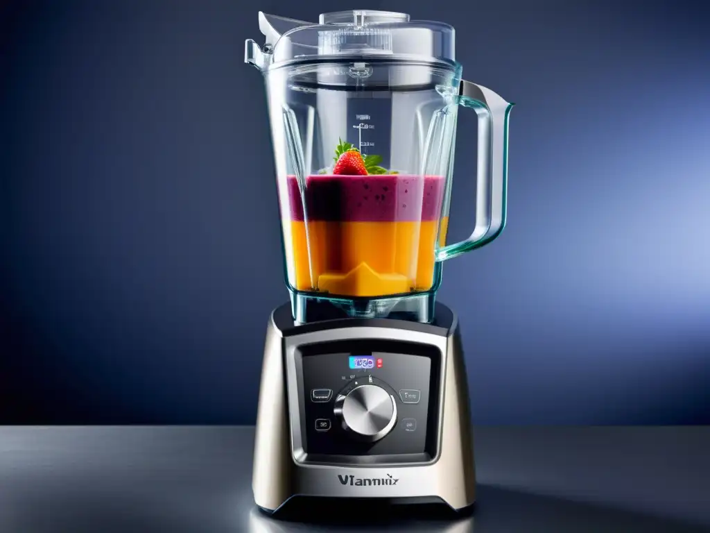 Closeup de la Vitamix A3500 Ascent Series con acabado de acero inoxidable, pantalla LED y licuado de frutas