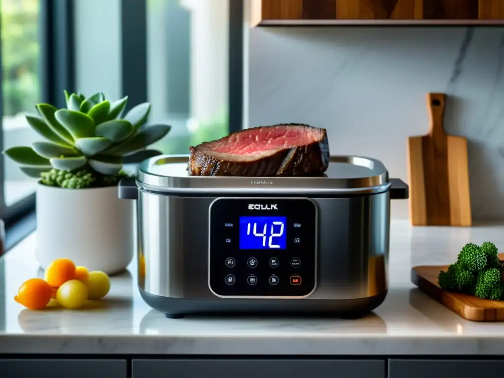 Cocción al vacío en casa: una imagen de una cocina moderna con una máquina sous vide y un suculento filete en el agua a temperatura precisa