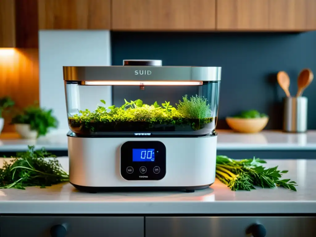 Cocción al vacío en casa: una máquina sous vide moderna en la encimera de la cocina, rodeada de hierbas frescas, ingredientes envasados al vacío y platos blancos