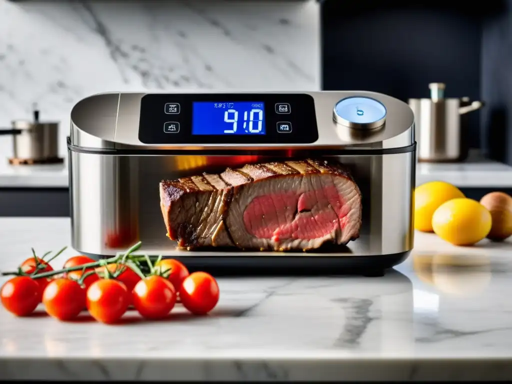 Cocción al Vacío Equipos Sous Vide: Moderna máquina sous vide con filete cocido perfectamente en bolsa, en elegante cocina contemporánea