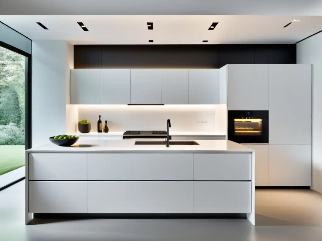 Una cocina blanca y minimalista con electrodomésticos integrados, que encarna la integración de electrodomésticos en diseño moderno