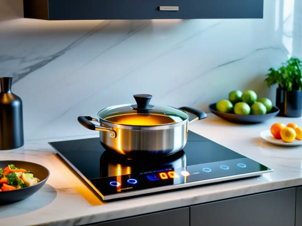 Una cocina de diseño contemporáneo con una placa de inducción y controles táctiles