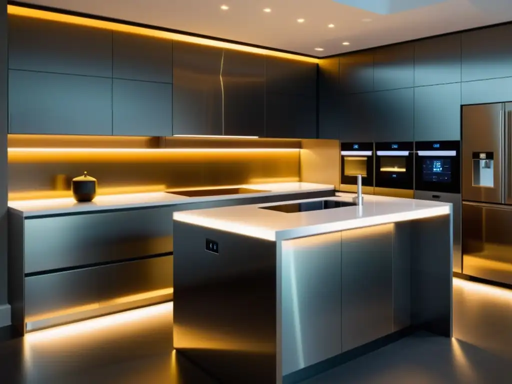 Cocina de diseño moderno con tecnología de control remoto, iluminación ambiental y electrodomésticos integrados