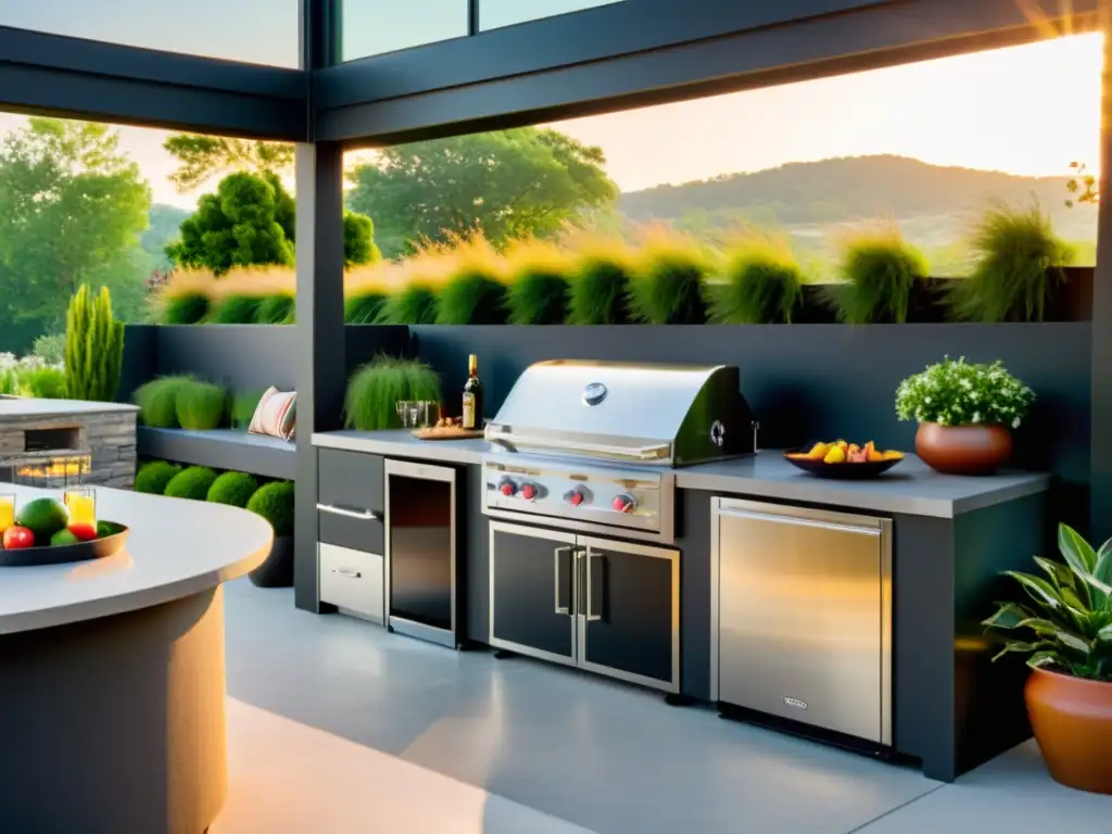 Una cocina exterior moderna con barbacoas de carbón vs eléctricas, iluminada por la cálida luz del atardecer