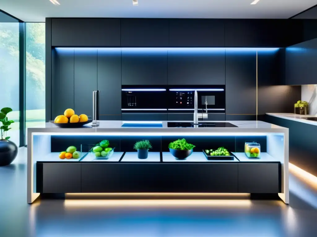 Una cocina futurista con diseño minimalista y electrodomésticos inteligentes para cocinas del futuro integrados