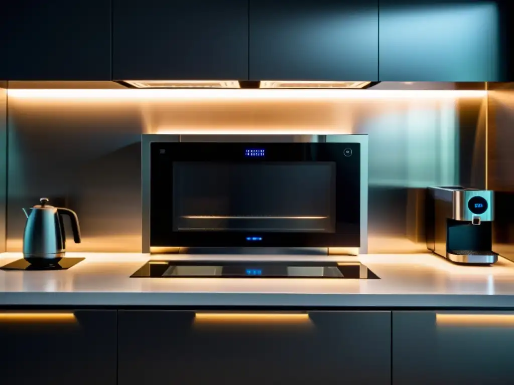 Una cocina futurista con electrodomésticos de comandos de voz integrados en el diseño, creando un ambiente eficiente y moderno