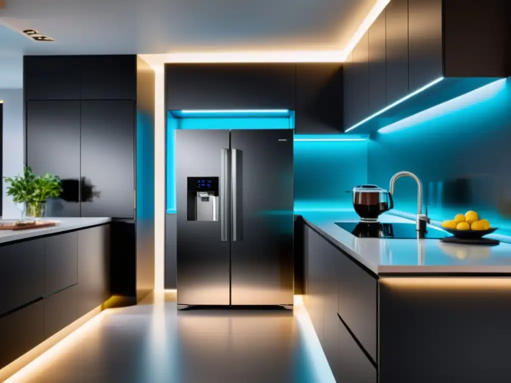 Una cocina futurista con electrodomésticos conectados y sutil iluminación ambiental