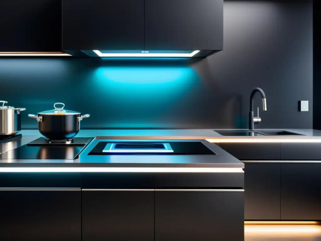 Una cocina futurista con electrodomésticos del futuro estilizados y elegantes, en un ambiente de alta tecnología y minimalista